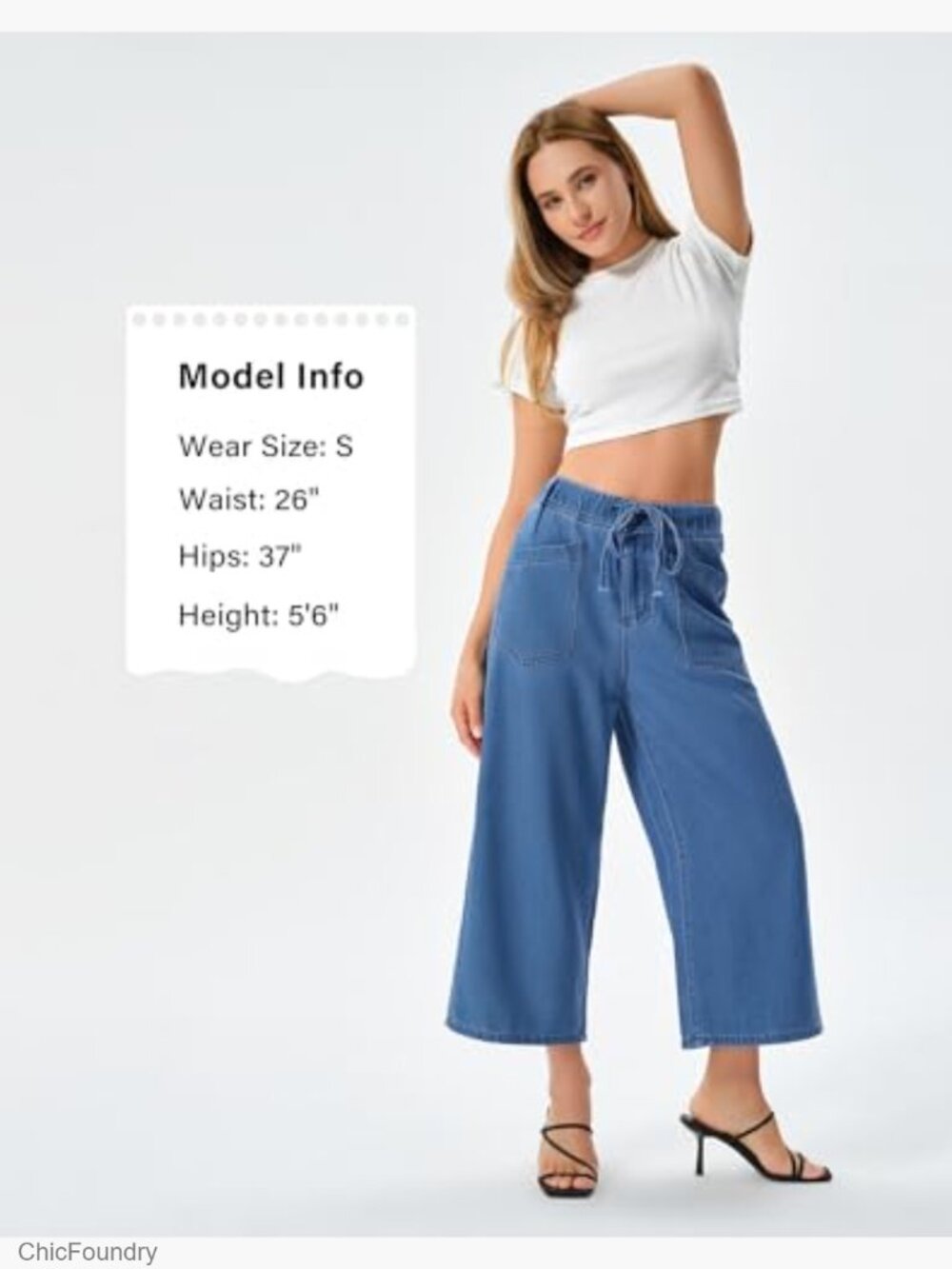 Wide Leg Capri Jeans Elastic Waist Drawstring Cropped Culottes Pants - Picture 4 of 7